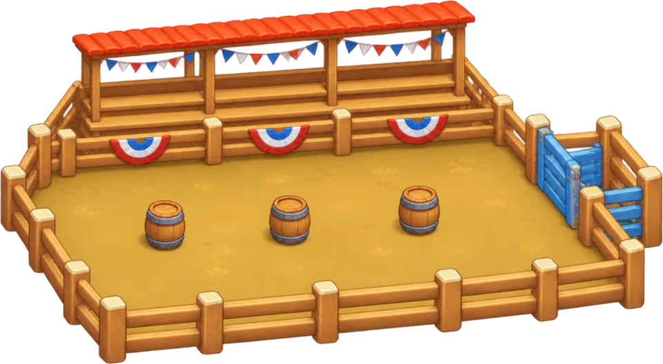Western arena with barrels and wooden fencing
