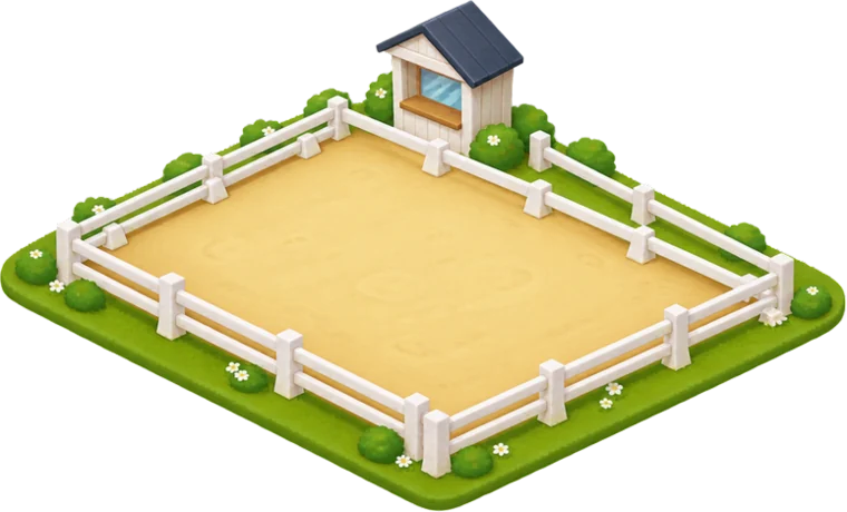 An outdoor dressage arena with white fencing